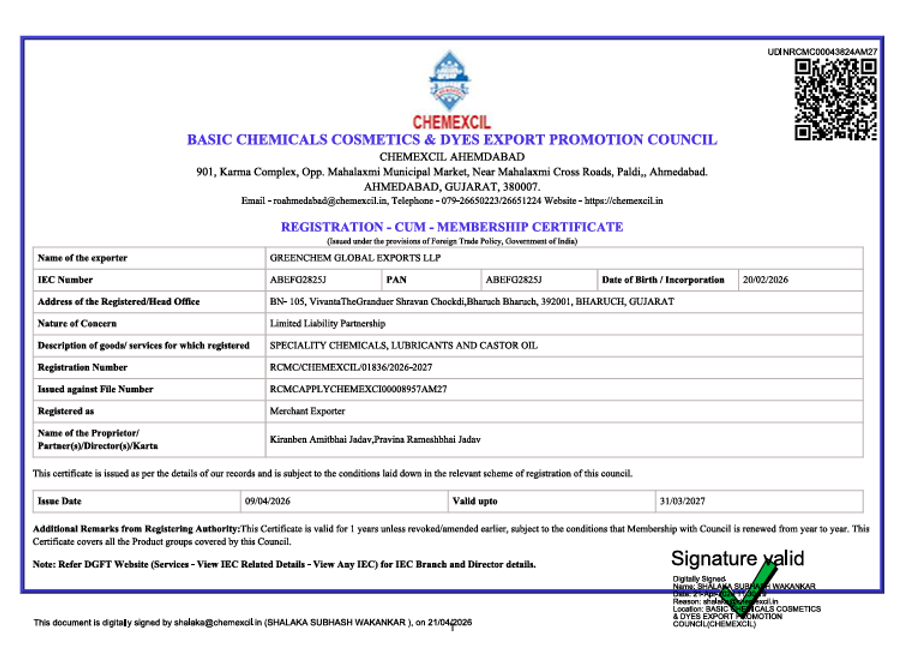 CHEMEXCIL Membership Certificate